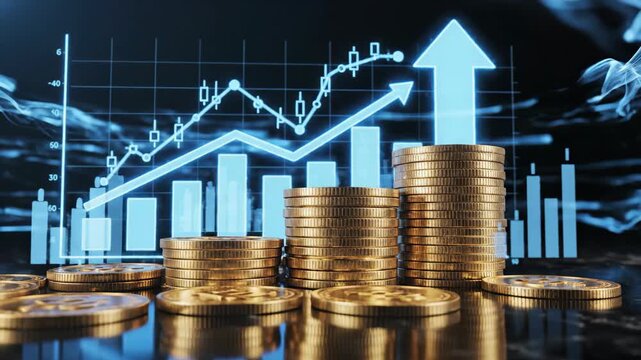 Golden coins stacked against a backdrop of rising financial charts and graphs symbolizing investment growth and success in the stock market and economic prosperity