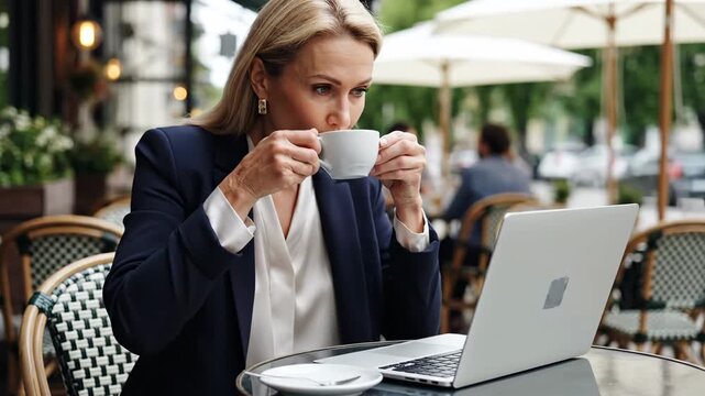 Elegant businesswoman finalizing a project design on her laptop while enjoying a coffee break at a stylish outdoor cafe
