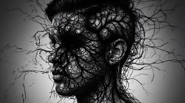 Striking black and white portrait of a young man with abstract dark growth covering half his face creating a dramatic and surreal artistic expression of inner turmoil and transformation