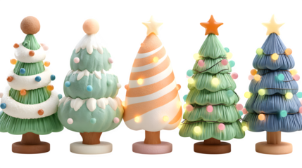Adorable 3D cartoon Christmas tree set featuring bright ornaments, pastel lights, and round soft shapes, designed for cheerful holiday illustrations, isolated on white background