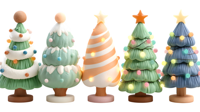 Adorable 3D cartoon Christmas tree set featuring bright ornaments, pastel lights, and round soft shapes, designed for cheerful holiday illustrations, isolated on white background