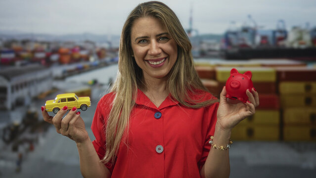 Woman smiling and holding yellow toy car and red piggy bank at seaside port; financial planning optimism.