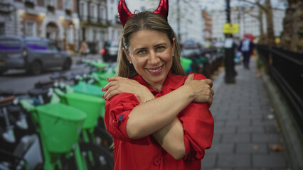Woman in red shirt hugs herself with crossed arms on busy city street lined with green bikes; self love.