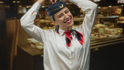 Woman flight attendant wearing uniform makes heart gesture with hands above head in airport...