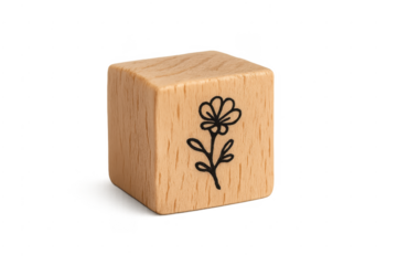Wooden cube block with simple flower drawing isolated on transparent background