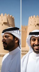 A man dressed in traditional Middle Eastern attire smiling outdoors in front of a historic fortress under a clear blue sky