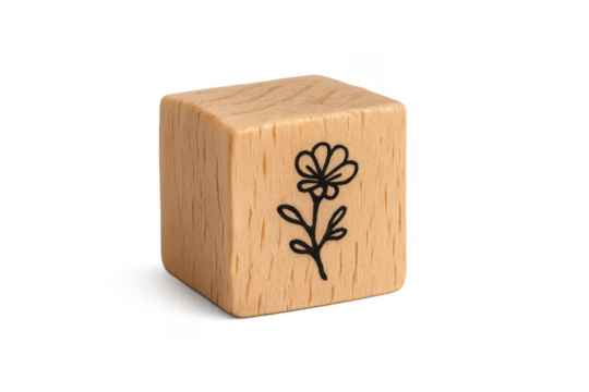 Wooden cube block with simple flower drawing isolated on transparent background