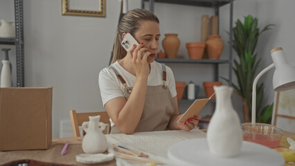 Woman holds smartphone to ear while reading a sketch on a notepad at a pottery worktable in a...