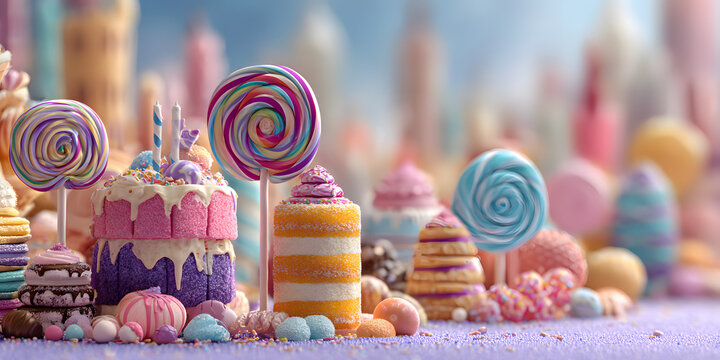 Fantasy candy land with colorful made of candy, lollipops, cake, chocolate and sweets, bright colors