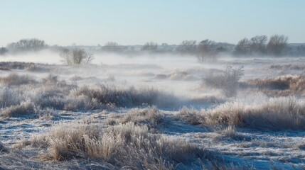 Fototapeta premium Serene Winter Landscape with Frosty Grass and Mist Under Clear Blue Sky during Daylight