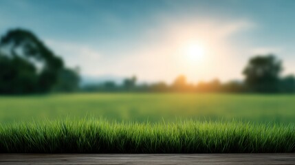 Serene Sunrise Over Lush Green Grass Field with Soft Focus and Gentle Sunlight in Background for Nature Photography and Relaxation Themes