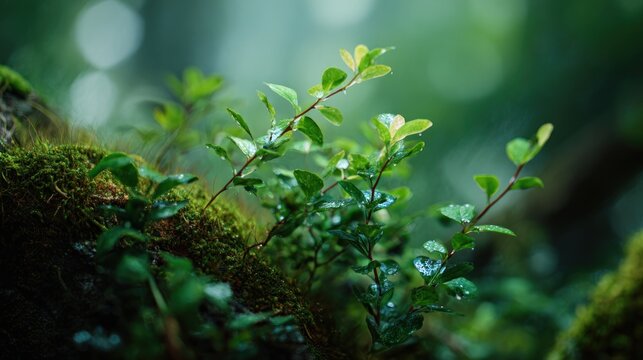 Lush green leaves glistening with raindrops in a serene forest ambiance