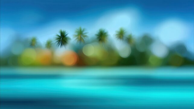 Serene Tropical Island with Colorful Palms and Tranquil Waters Under a Clear Blue Sky Captured in an Artistic Blurred Style - Powered by Adobe