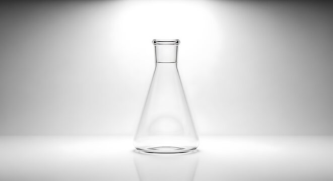 Elegant Laboratory Vessel: A clear, pristine flask stands centered, its triangular form emphasizing precision and purity, evoking images of scientific exploration and discovery.