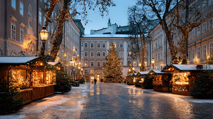 Salzburg Christkindlmarkt, wooden stalls with beautiful Christmas decorations line the square of Salzburg, a large Christmas tree decorated with sparkling lights, Ai generated images.