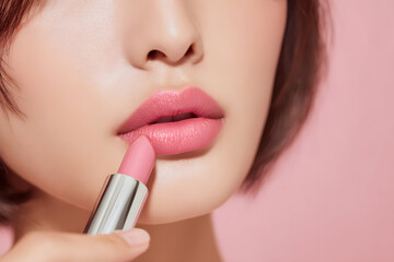 リップメイク ピンク色のリップスティックを塗る女性の口元クローズアップ パステルピンク背景のコスメ広告ビジュアル