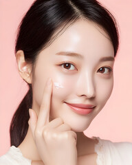 スキンケア 指で頬にクリームをなじませる若い女性ビューティーモデルのアップ パステルピンク背景の美容広告用イメージ