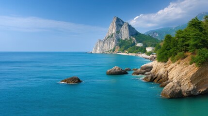 Scenic coastal view with rocky cliffs, turquoise water, and lush greenery under bright sky, perfect for travel and nature themes in photography