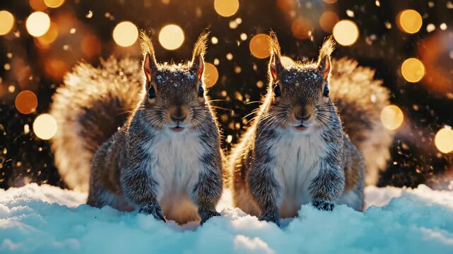 Two squirrels in snow, illuminated by bokeh lights in the background. A heart-warming shot of winter joy. Festive season, snowy landscape, wildlife photography.