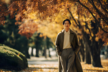 秋の公園 紅葉の並木道をコート姿で歩く男性モデルのライフスタイルポートレート シネマティックなオータムファッションイメージ