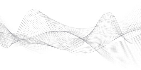 Abstract grey particles lines with flowing dashes lines on white background. Flow digital lines. Sound waves lines effect