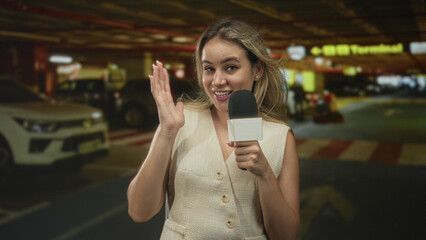Blonde young woman reporter holding microphone and waves hand in airport parking terminal building, smiling to camera; friendly greeting.