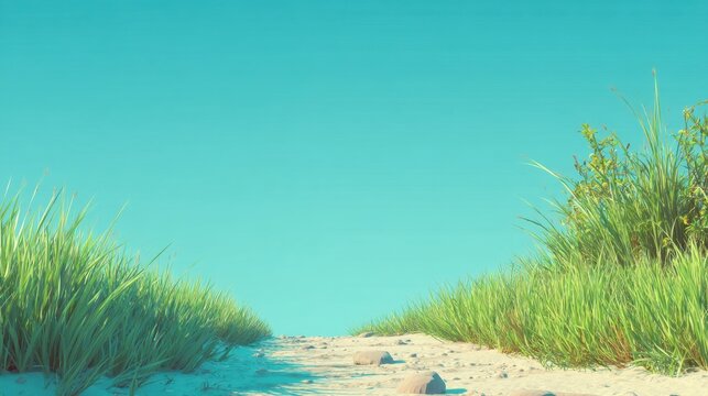Serene Coastal Pathway Framed by Lush Green Grass Under a Clear Blue Sky Evoking Tranquility and Peaceful Nature Vibes in a Summer Setting