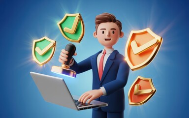 Business Person Stamping Approved Documents with Technology and Security Shields