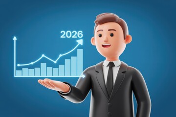 3D character presenting 2026 growth chart with upward trend
