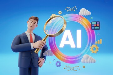 AI exploration through a magnifying glass, exploring business technology