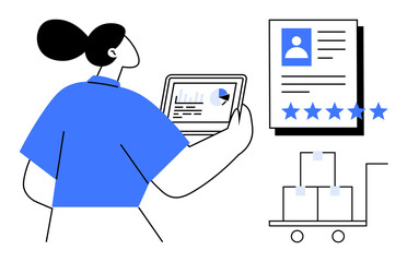 Businesswoman views analytics on tablet while evaluating profile ratings and shipment data. Ideal for logistics, customer reviews, e-commerce, business, supply chain, digital tools, analytics