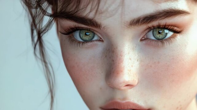 Portrait of young woman with striking green eyes and freckled complexion, close up. High makeup with dewy skin effect.