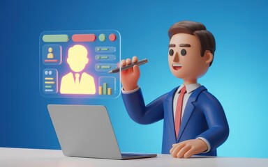 Business professional interacting with digital profile on screen