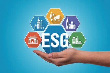 ESG investing concept illustration with icons in hand