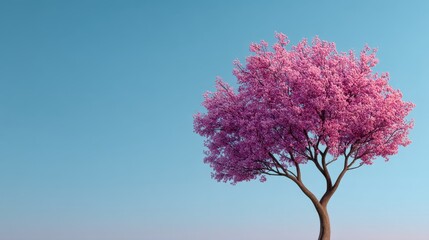 Lush Pink Blossom Tree Standing Alone Against Clear Blue Sky at Dusk, Nature's Beauty in Full Bloom, Symbol of Spring and Renewal, Serenity and Peace