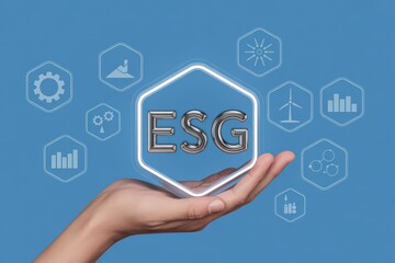 ESG concept illustration on a hand with surrounding icons of sustainability and business
