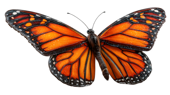 3D realistic monarch butterfly with orange patterned wings, gentle lighting and floating pose for eco or garden concept, isolated on white background