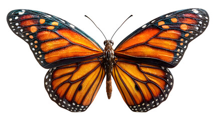 Fototapeta premium 3D realistic monarch butterfly with orange patterned wings, gentle lighting and floating pose for eco or garden concept, isolated on white background