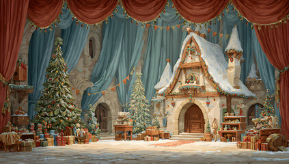 Cartoon design featuring Santas secret workshop backdrop