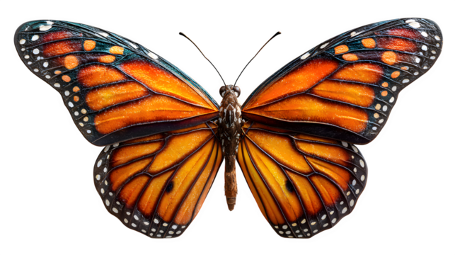 3D realistic monarch butterfly with orange patterned wings, gentle lighting and floating pose for eco or garden concept, isolated on white background