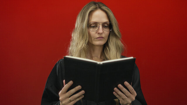 Woman judge with blonde hair reads a book in uniform against an isolated red background, conveying a serious legal context.