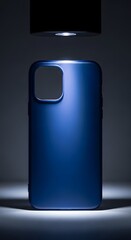 A sleek blue smartphone case with a camera cutout standing upright under a focused light source in a dark setting
