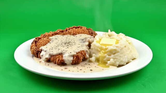 Golden Fried Steak with Cream Gravy and Mashed Potatoes on Green Plate.