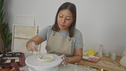 Woman shaping clay with hands on a turntable pottery wheel in bright studio wearing apron and using a small wooden modeling tool; serenity craft.