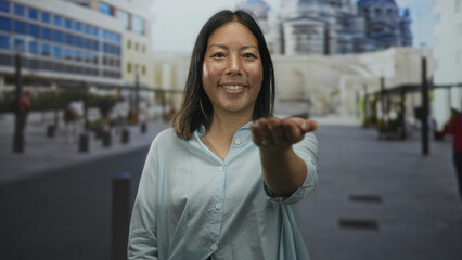 Fototapeta premium Woman smiling extends her open hand toward camera on a city street in a light blue blouse; welcome offering.