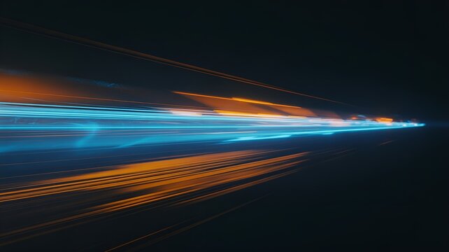 Abstract streaks of blue and orange light across a dark background, illustrating speed and motion. - Powered by Adobe