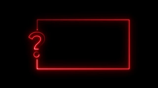 Question mark neon sign light on wall background. Quiz trivia game competition. Glowing large advertisement in concept animation. Game announcement neon message.