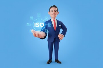 Business professional presenting a hologram of ISO certification