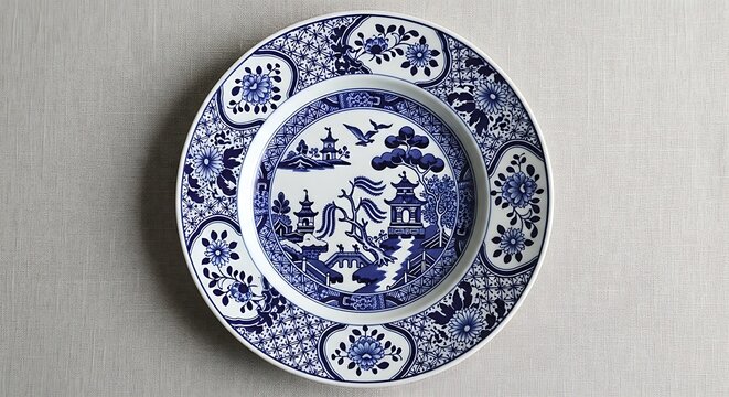Elegant blue and white porcelain plate featuring a charming Chinoiserie scene with pagodas, bridges, and birds, perfect for decorative display or fine dining.