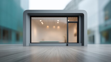 Modern minimalistic storefront design featuring large glass windows, sleek lines, and an inviting entrance in an urban setting with blurred background